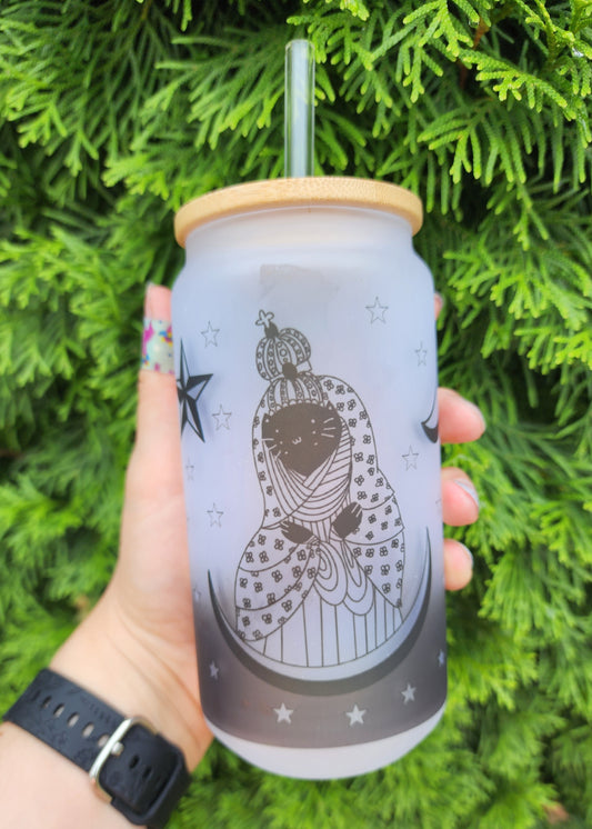 Ghost Gothic Mother Mary Cat Black Gray White Stars Cup Iced Coffee Glass Glass Can with Bamboo Lid and Straw Cute Cup 18oz Cup Drink