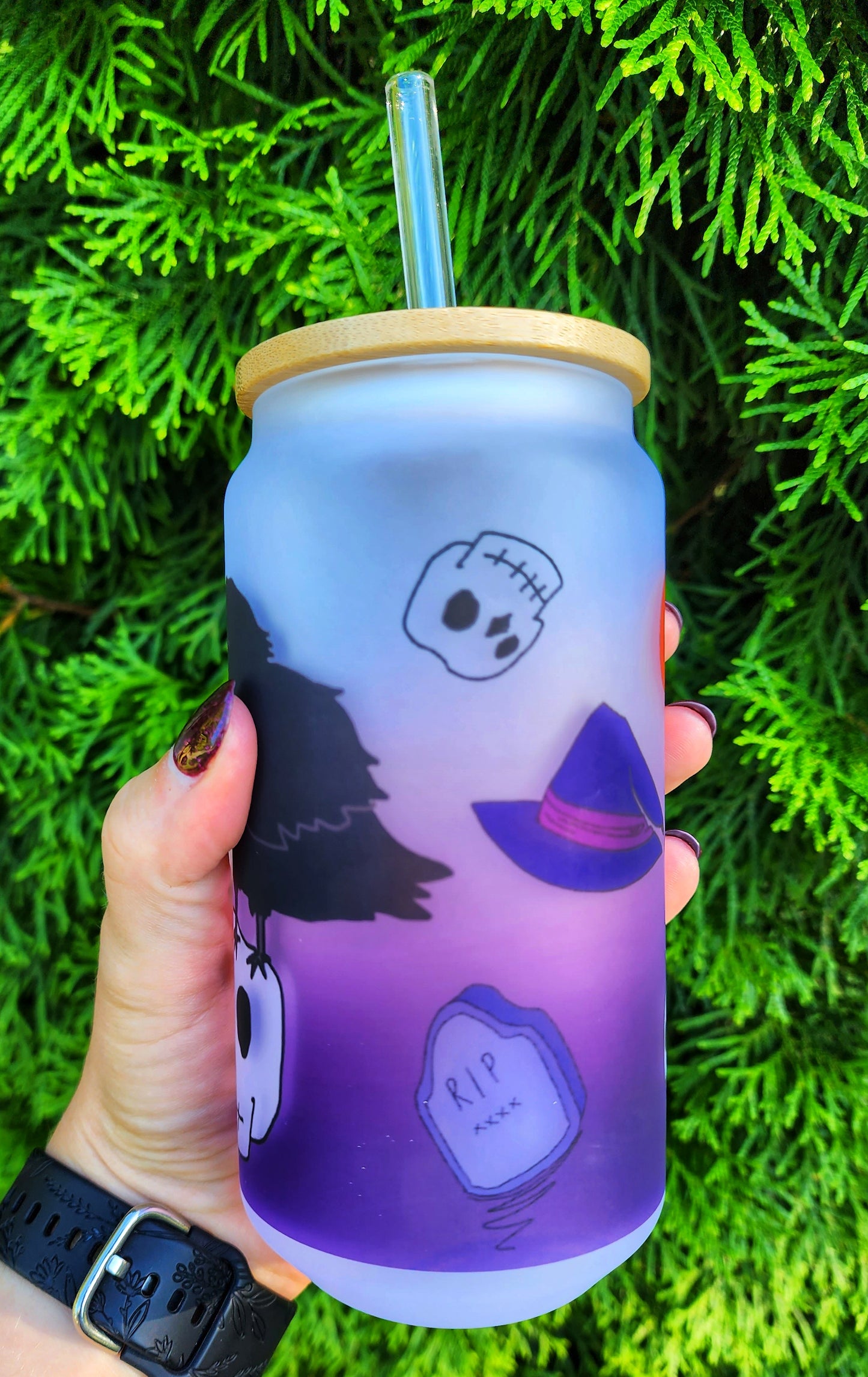 Please No More Nevermore Raven Skull Cup Iced Coffee Glass, Glass Can with Bamboo Lid and Straw, Cute Cup, 18oz Cup Drink, Gothic Coffee Cup