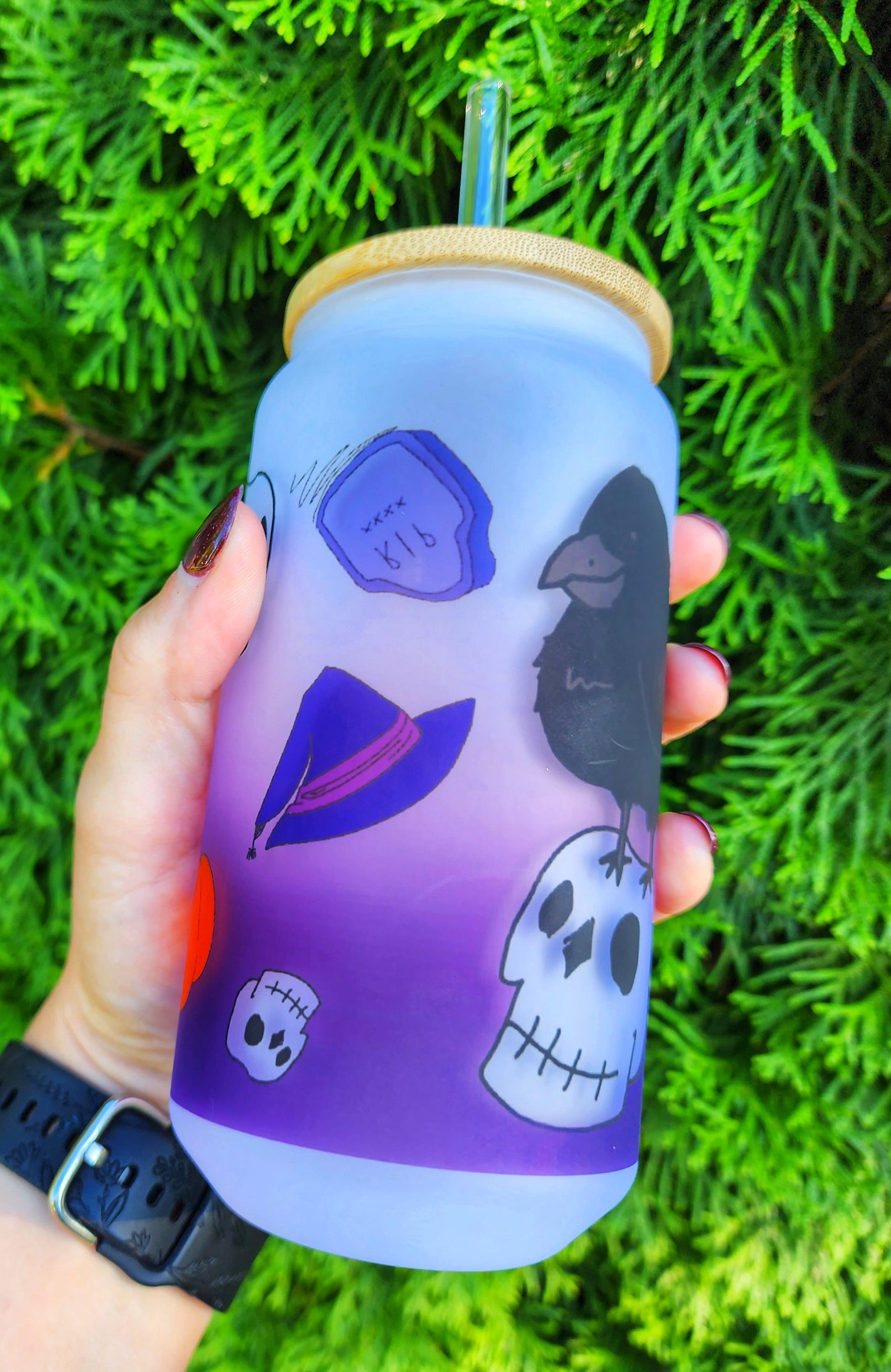Please No More Nevermore Raven Skull Cup Iced Coffee Glass, Glass Can with Bamboo Lid and Straw, Cute Cup, 18oz Cup Drink, Gothic Coffee Cup