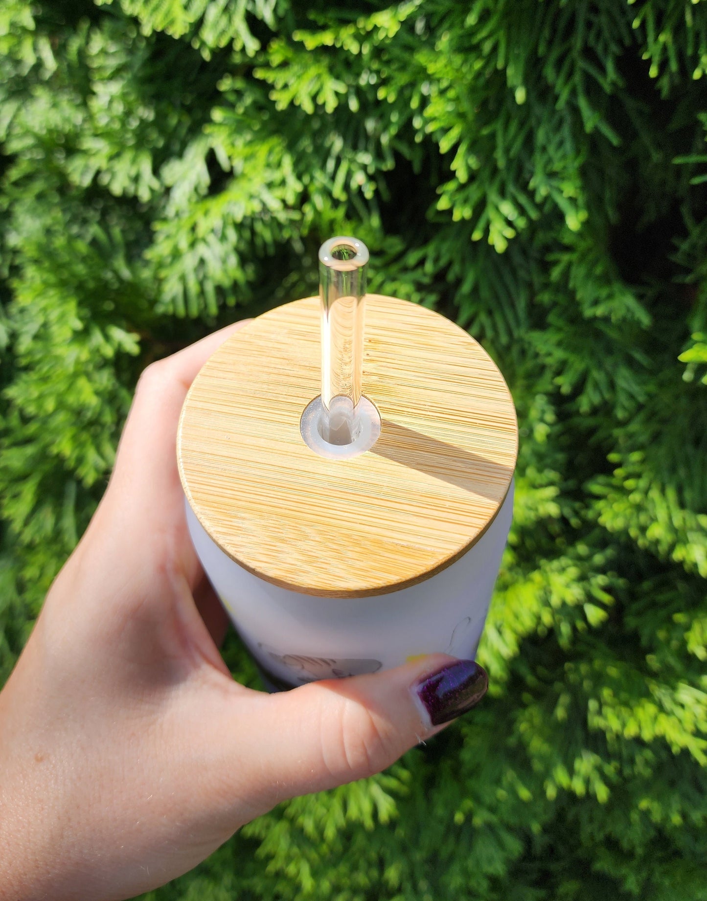 Space Cat Iced Coffee Glass: Purple Blue Stars, Bamboo Lid & Straw - 18oz