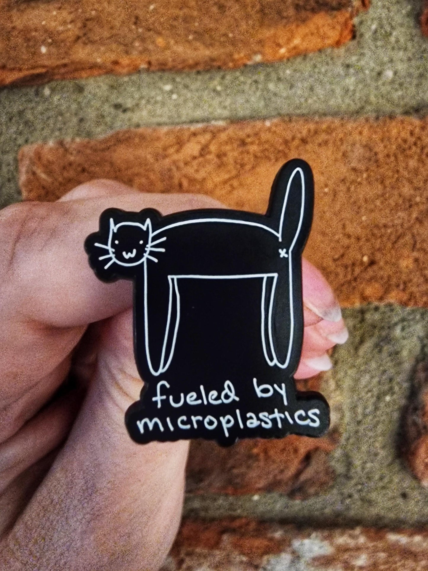 Fueled By Microplastics Cat Enamel Pin, Funny Cat Meme Pin, Cute Cat Pin