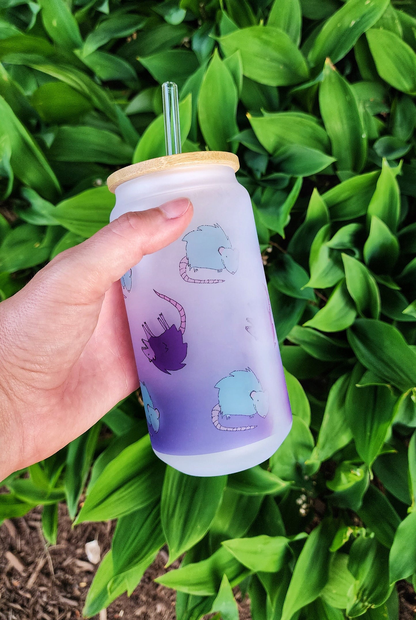 Purple Blue Possum Cup Iced Coffee Glass Glass Can with Bamboo Lid and Straw Cute Cup 18oz Cup Drink