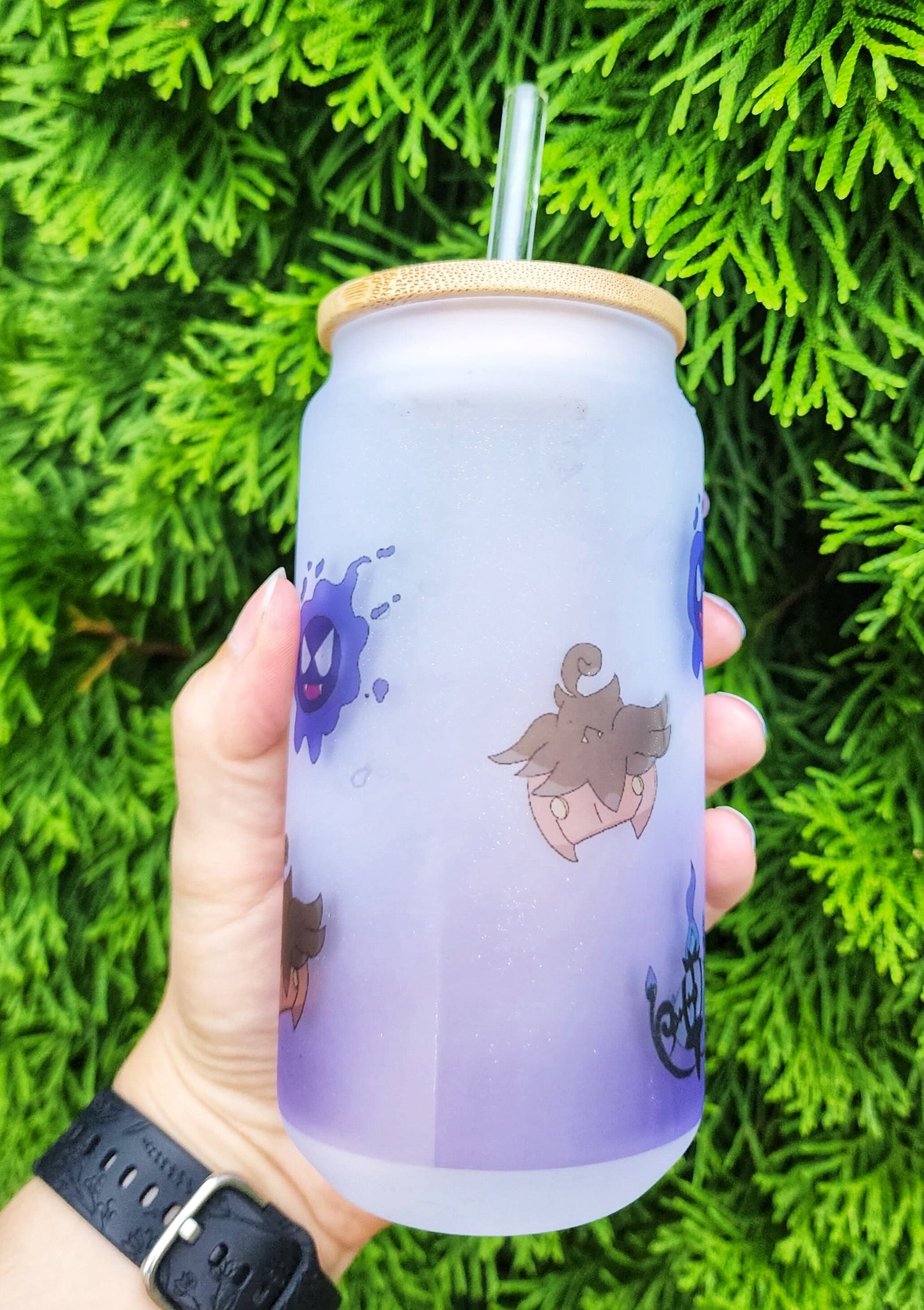 Ghost Purple Demon Devil Copy Friend Cup Iced Coffee Glass Glass Can with Bamboo Lid and Straw Cute Cup 18oz Cup Drink
