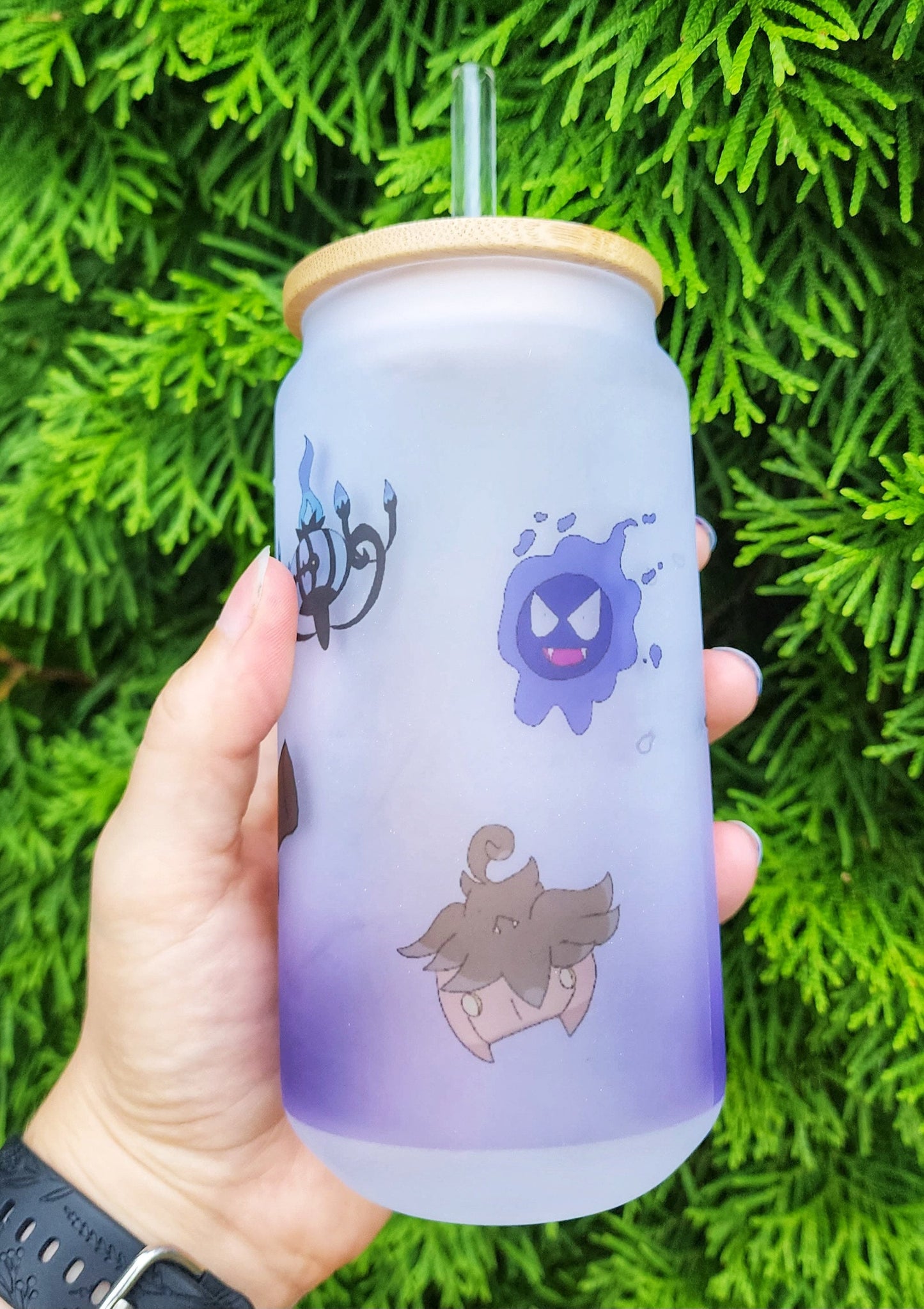 Ghost Purple Demon Devil Copy Friend Cup Iced Coffee Glass Glass Can with Bamboo Lid and Straw Cute Cup 18oz Cup Drink