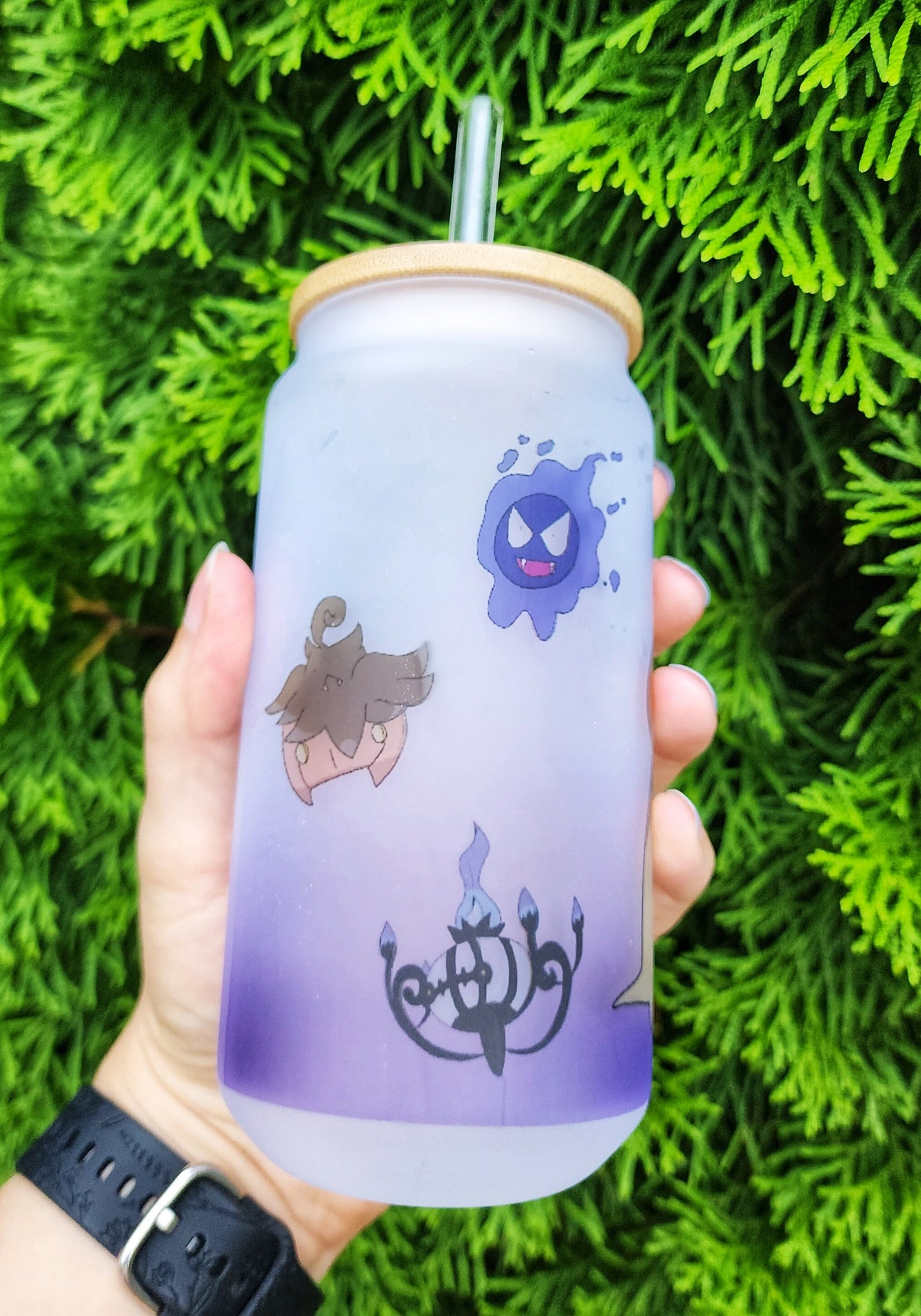 Ghost Purple Demon Devil Copy Friend Cup Iced Coffee Glass Glass Can with Bamboo Lid and Straw Cute Cup 18oz Cup Drink