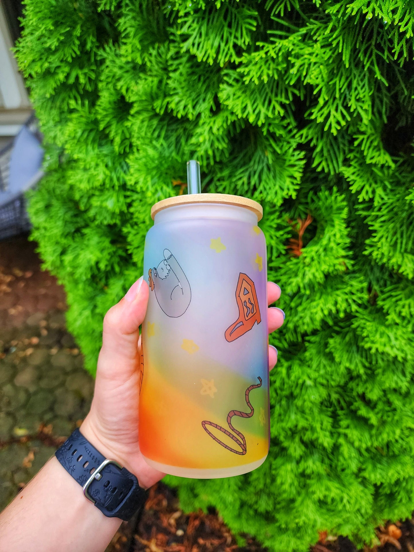 Meowdy Cowboy Rainbow Orange Tabby Cat Yellow Stars Cup Iced Coffee Glass Glass Can with Bamboo Lid and Straw Cute Cup 18oz Cup Drink