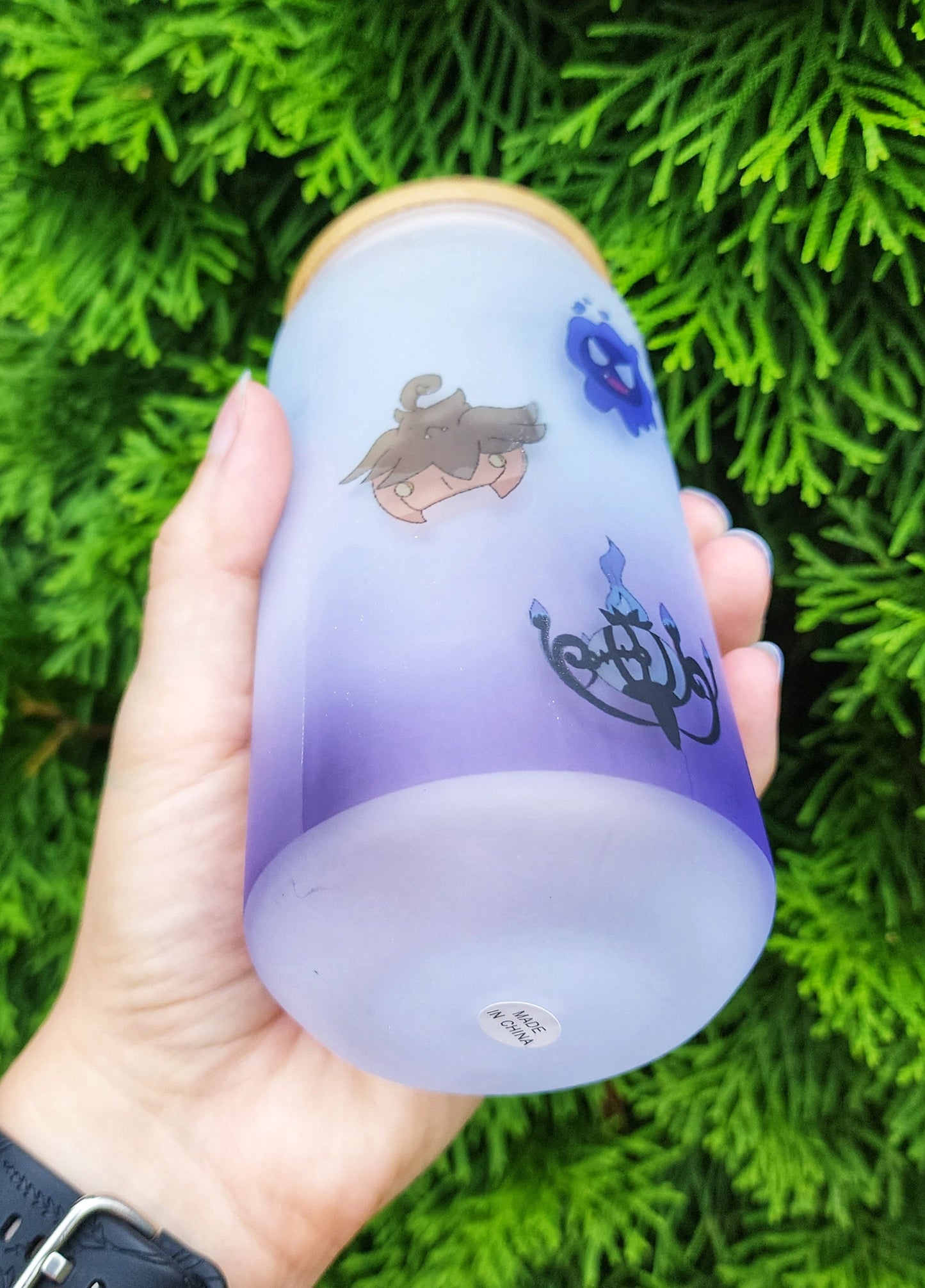 Ghost Purple Demon Devil Copy Friend Cup Iced Coffee Glass Glass Can with Bamboo Lid and Straw Cute Cup 18oz Cup Drink
