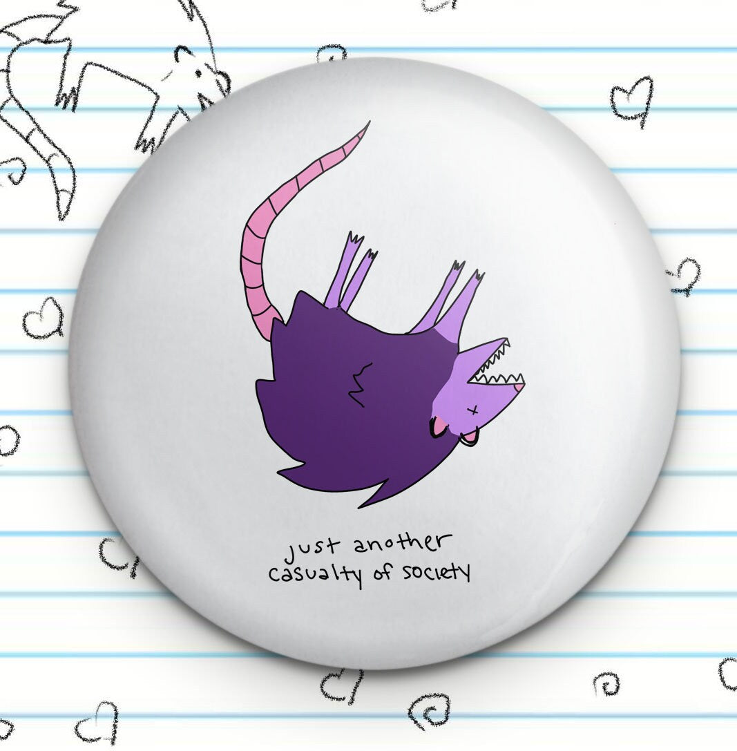 Casualty of Society Possum Opossum 1.25" Button, Pop Punk Button, Possum Fan Gift, Pop Punk Fan Gift, Punk Possum Fan, Purple Possum Lover