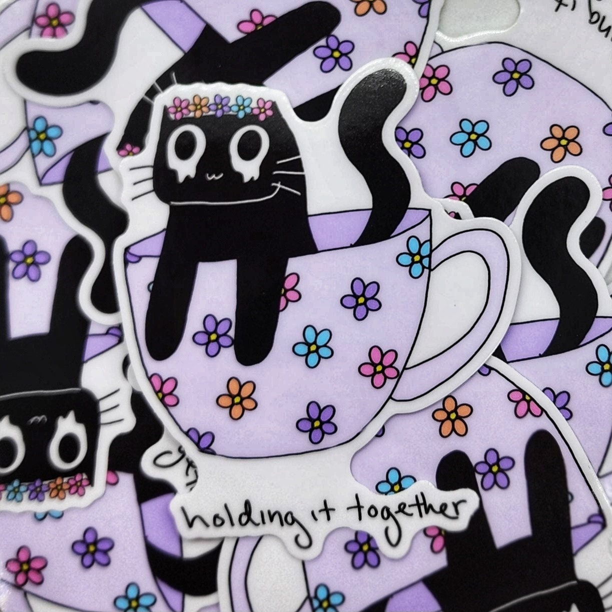 Holding It Together Crying Black Cat Tea Cup Meme Vinyl 3 Inch Die-Cut Sticker, Funny Vinyl Sticker, Water Bottle Sticker, Motivational Gift