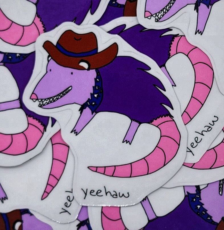 Yeehaw Purple Cowboy Possum 3 inch Vinyl Die-Cut Sticker