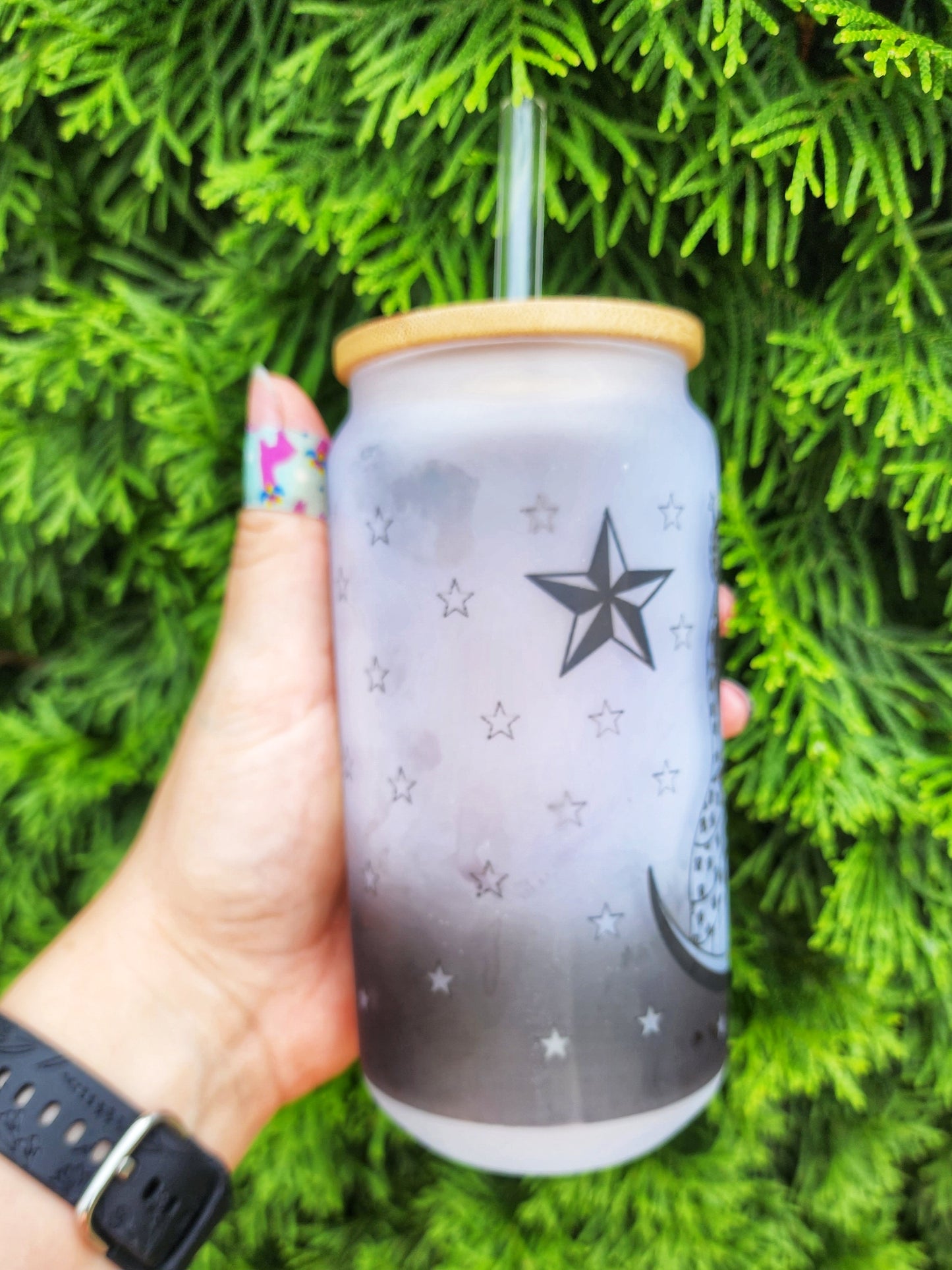 Ghost Gothic Mother Mary Cat Black Gray White Stars Cup Iced Coffee Glass Glass Can with Bamboo Lid and Straw Cute Cup 18oz Cup Drink