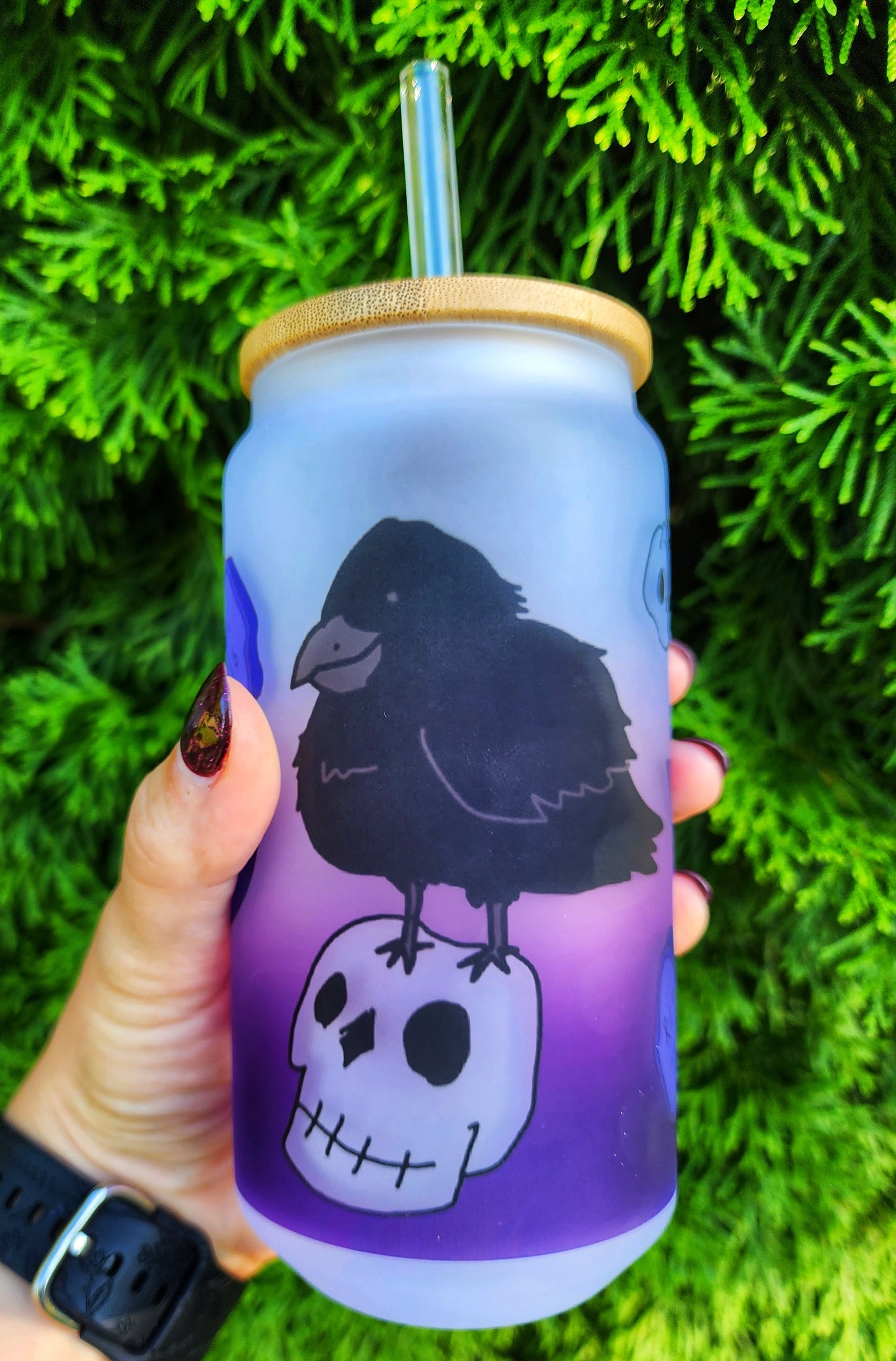 Please No More Nevermore Raven Skull Cup Iced Coffee Glass, Glass Can with Bamboo Lid and Straw, Cute Cup, 18oz Cup Drink, Gothic Coffee Cup