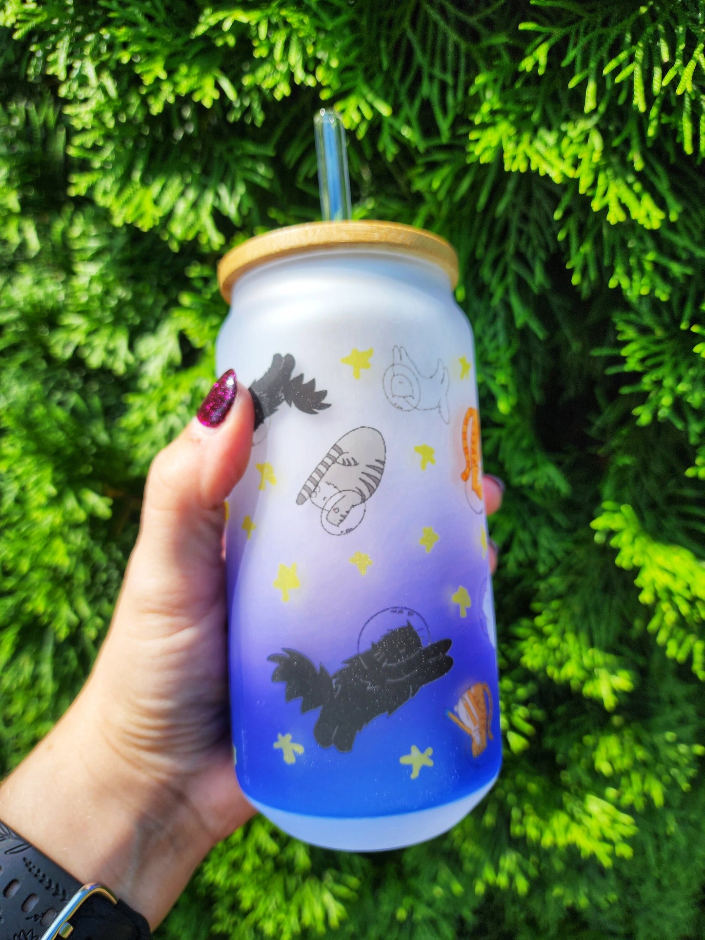 Space Cat Iced Coffee Glass: Purple Blue Stars, Bamboo Lid & Straw - 18oz