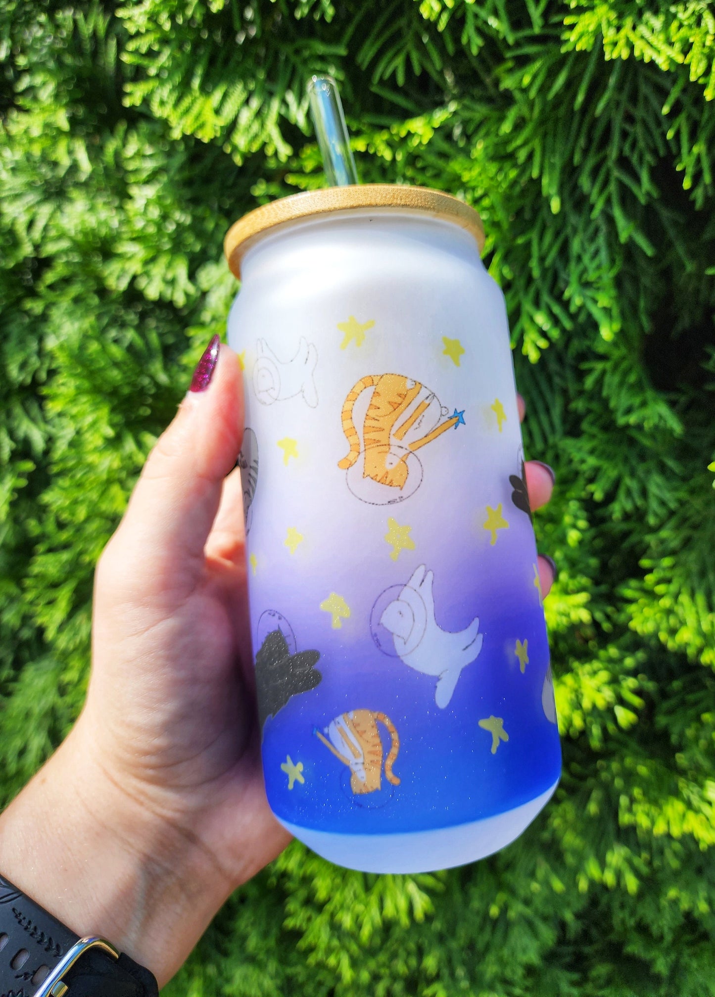 Space Cat Iced Coffee Glass: Purple Blue Stars, Bamboo Lid & Straw - 18oz