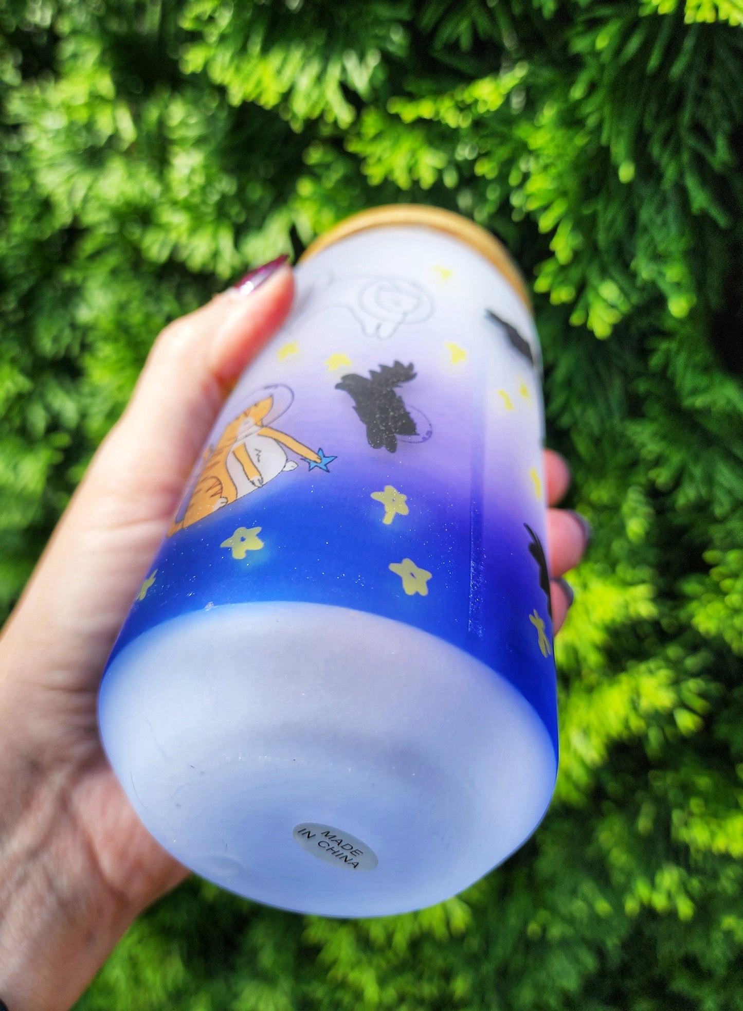 Space Cat Iced Coffee Glass: Purple Blue Stars, Bamboo Lid & Straw - 18oz