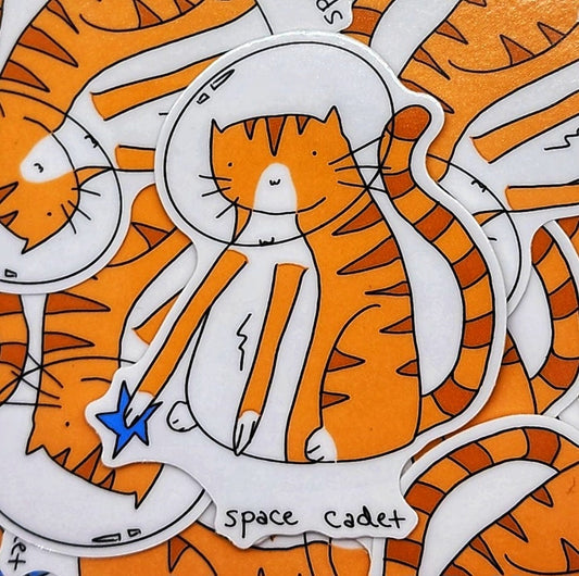 Space Cadet Orange Tabby Cat Sticker: Weatherproof Vinyl