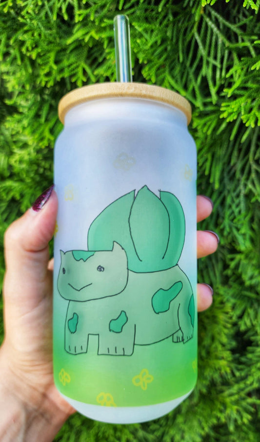 Bulbasaur Glass Can Tumbler with Bamboo Lid & Straw - 18oz