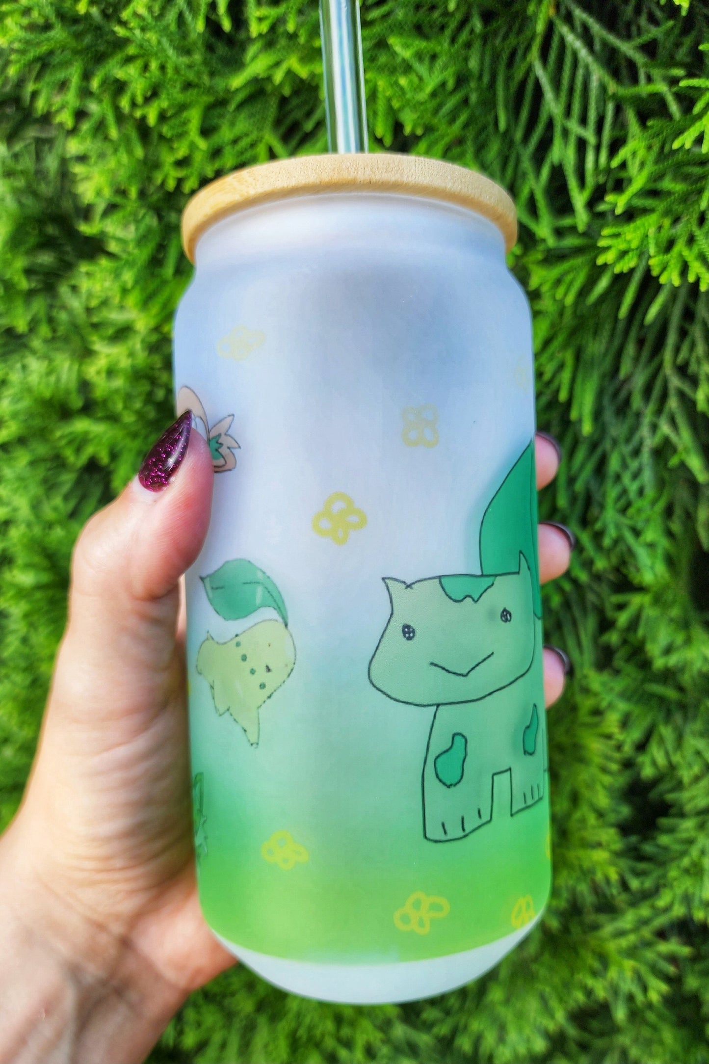 Bulbasaur Glass Can Tumbler with Bamboo Lid & Straw - 18oz