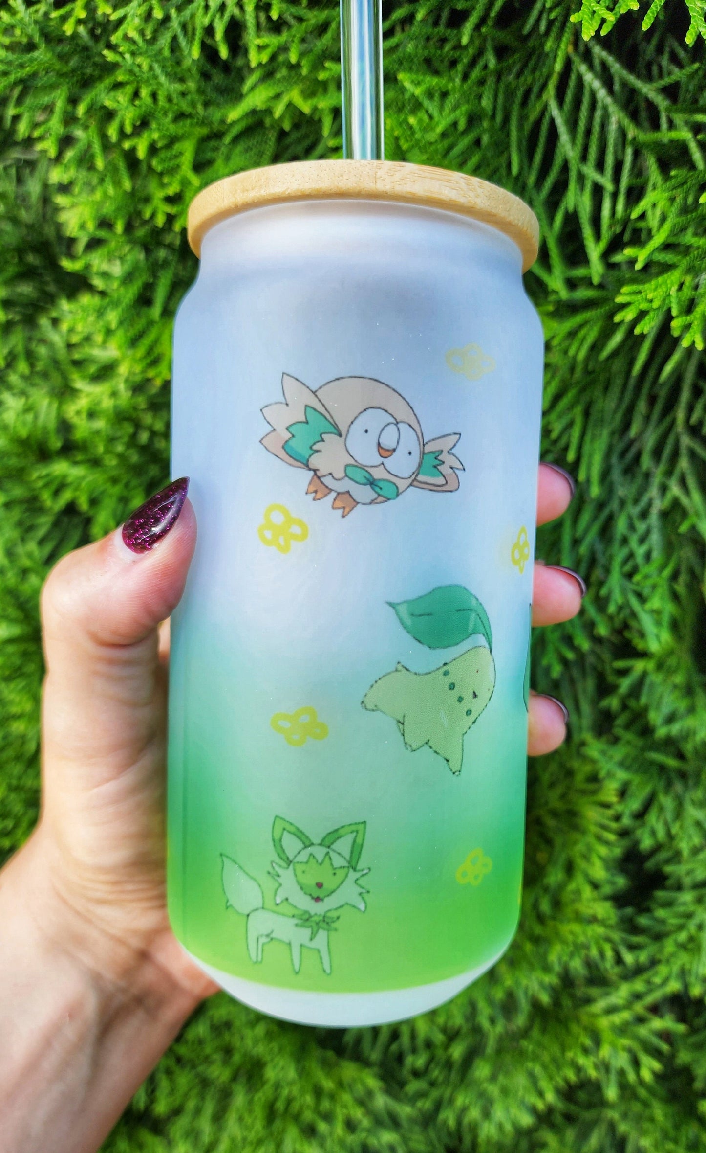 Bulbasaur Glass Can Tumbler with Bamboo Lid & Straw - 18oz