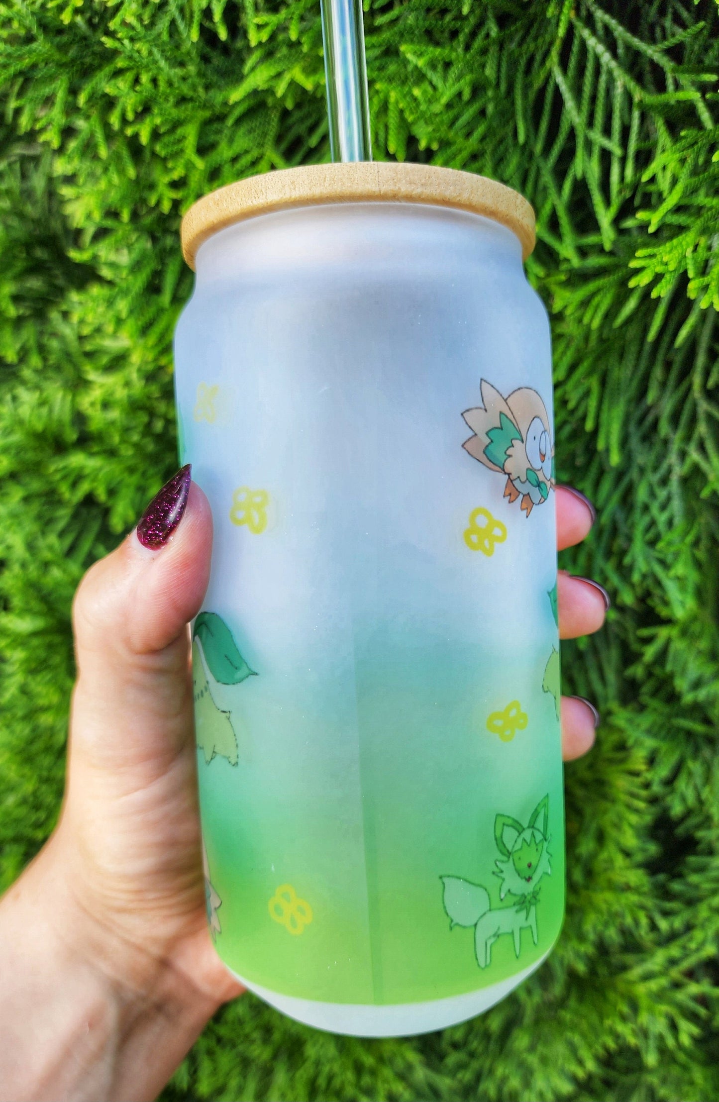 Bulbasaur Glass Can Tumbler with Bamboo Lid & Straw - 18oz