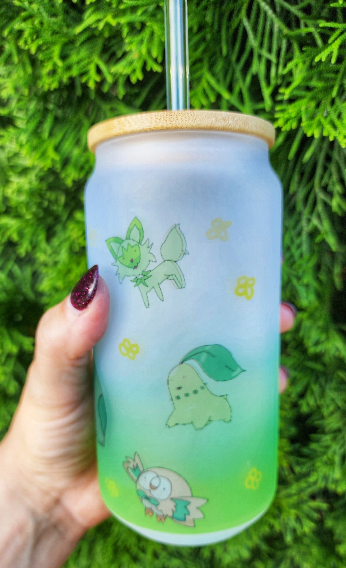 Bulbasaur Glass Can Tumbler with Bamboo Lid & Straw - 18oz