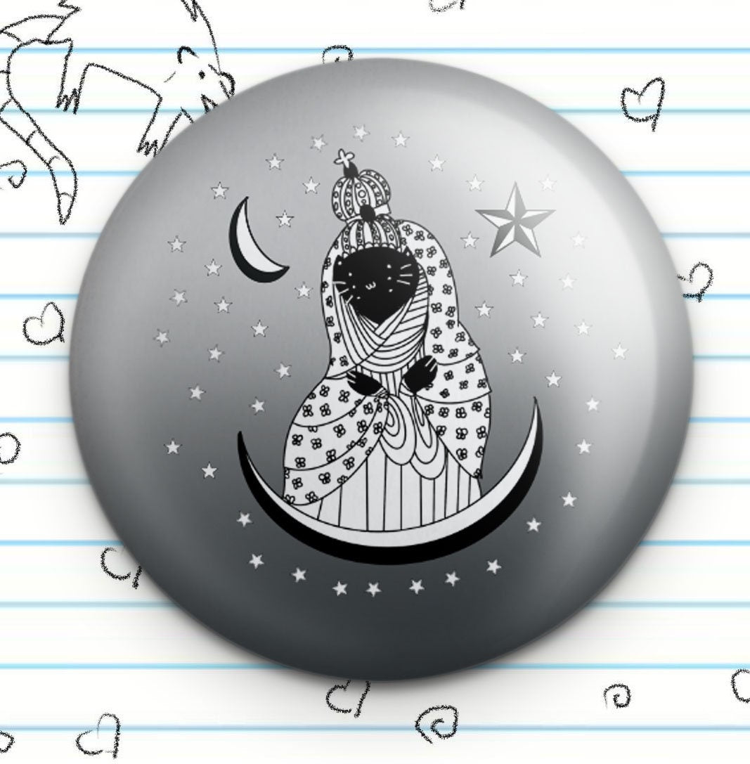 Mother Mary Spooky Black Cat Button: Gothic Cat Lover Gift (1.25")