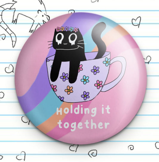 Holding It Together Black Cat Button: Flower Crown Cat Meme (1.25")