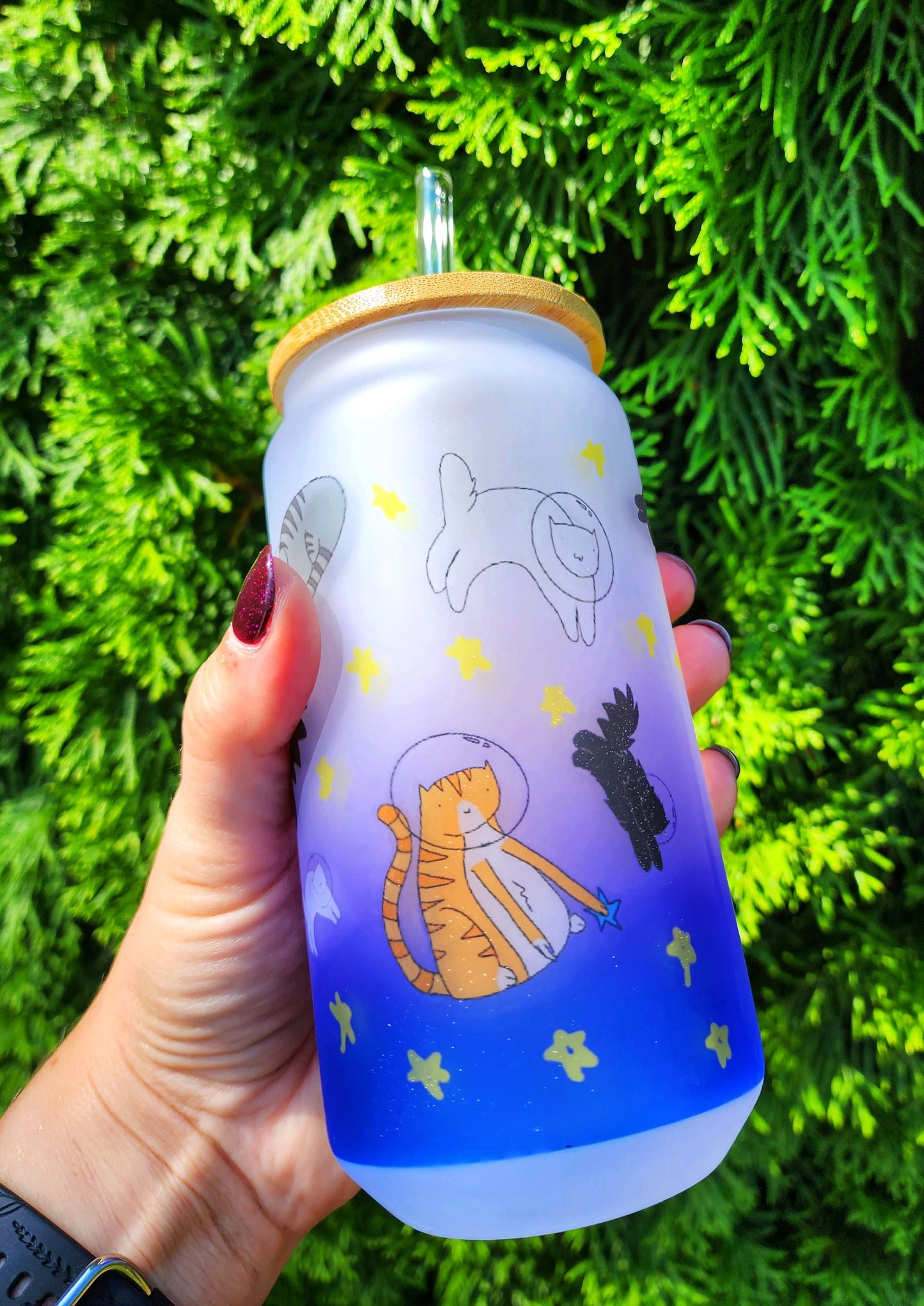 Space Cat Iced Coffee Glass: Purple Blue Stars, Bamboo Lid & Straw - 18oz