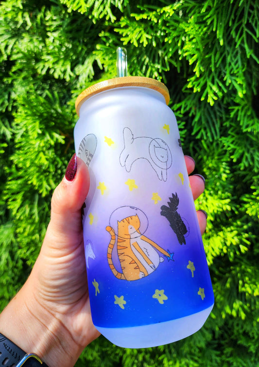 Space Cat Iced Coffee Glass: Purple Blue Stars, Bamboo Lid & Straw - 18oz