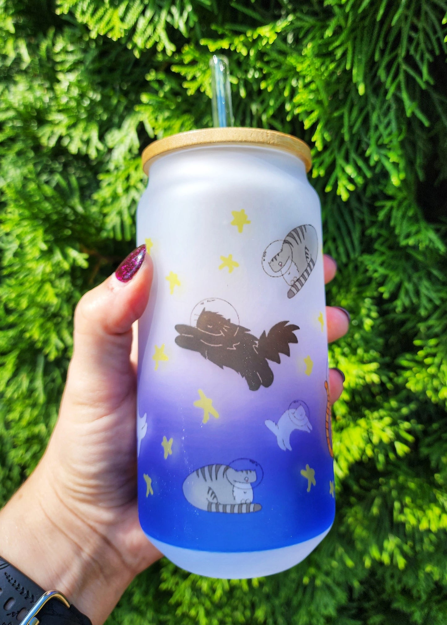Space Cat Iced Coffee Glass: Purple Blue Stars, Bamboo Lid & Straw - 18oz