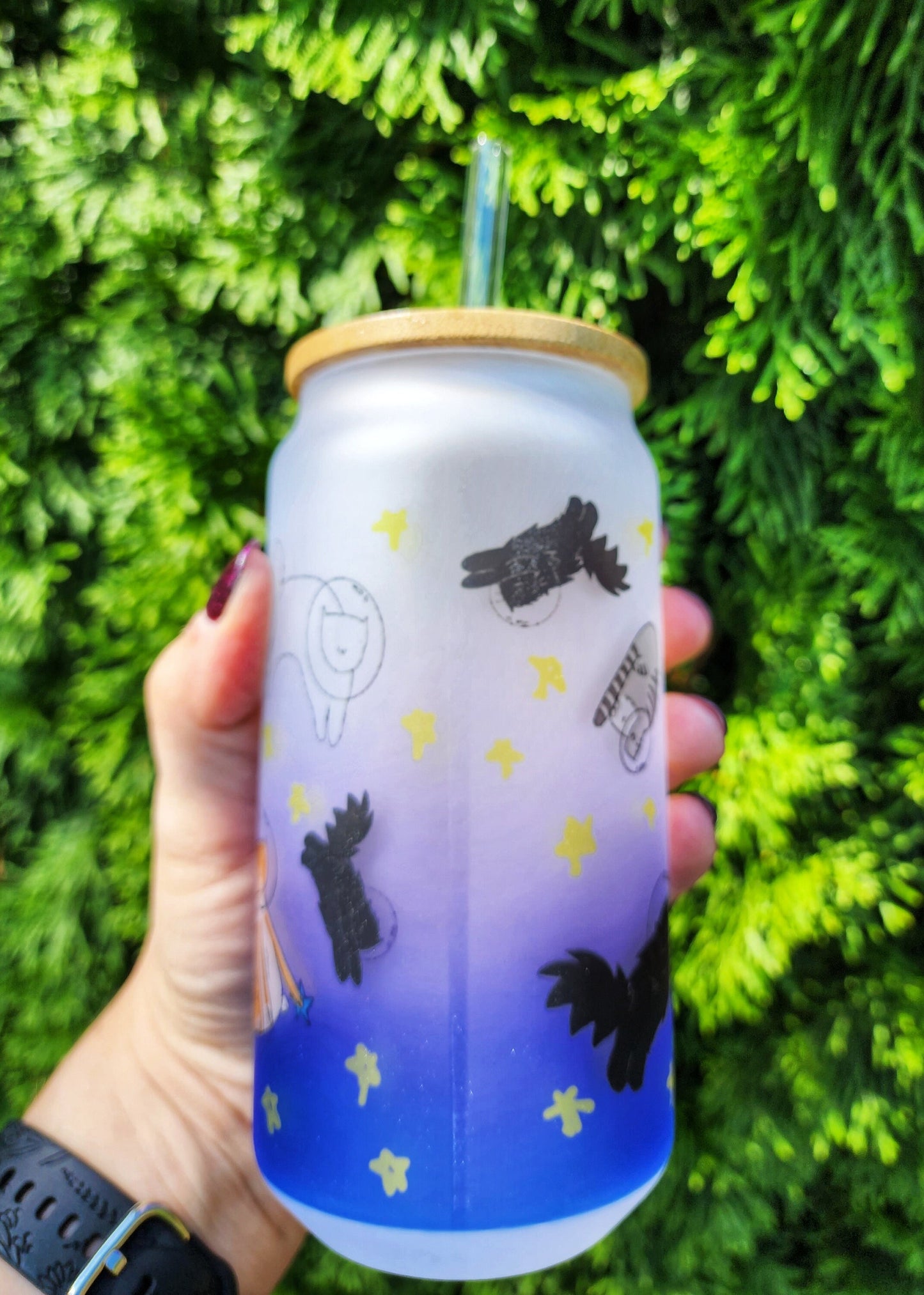 Space Cat Iced Coffee Glass: Purple Blue Stars, Bamboo Lid & Straw - 18oz