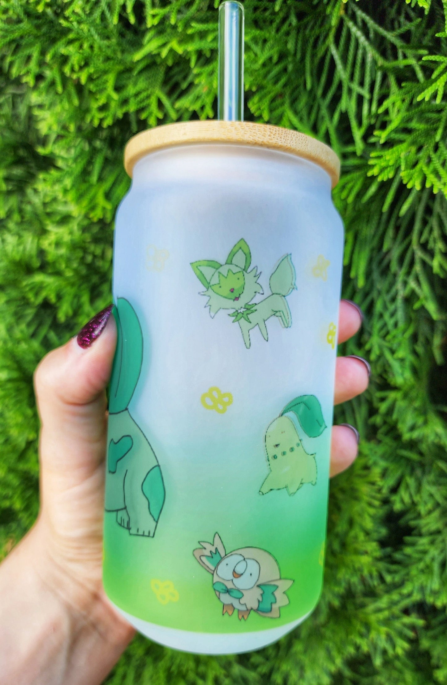 Bulbasaur Glass Can Tumbler with Bamboo Lid & Straw - 18oz