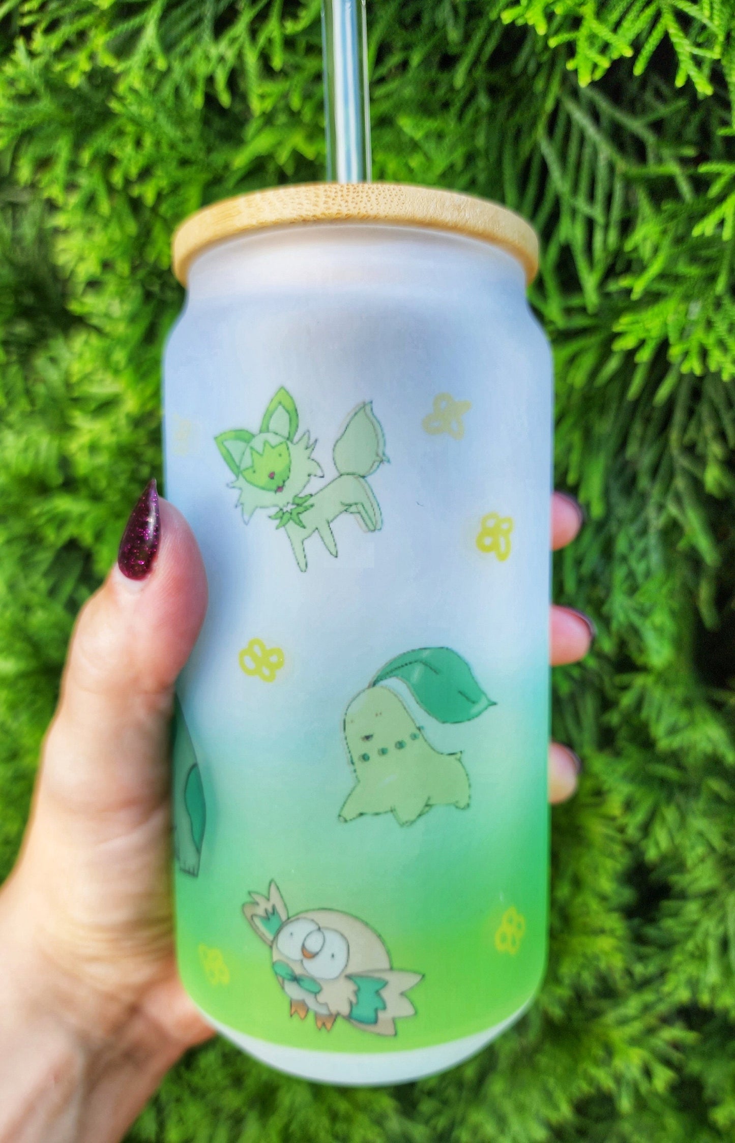 Bulbasaur Glass Can Tumbler with Bamboo Lid & Straw - 18oz