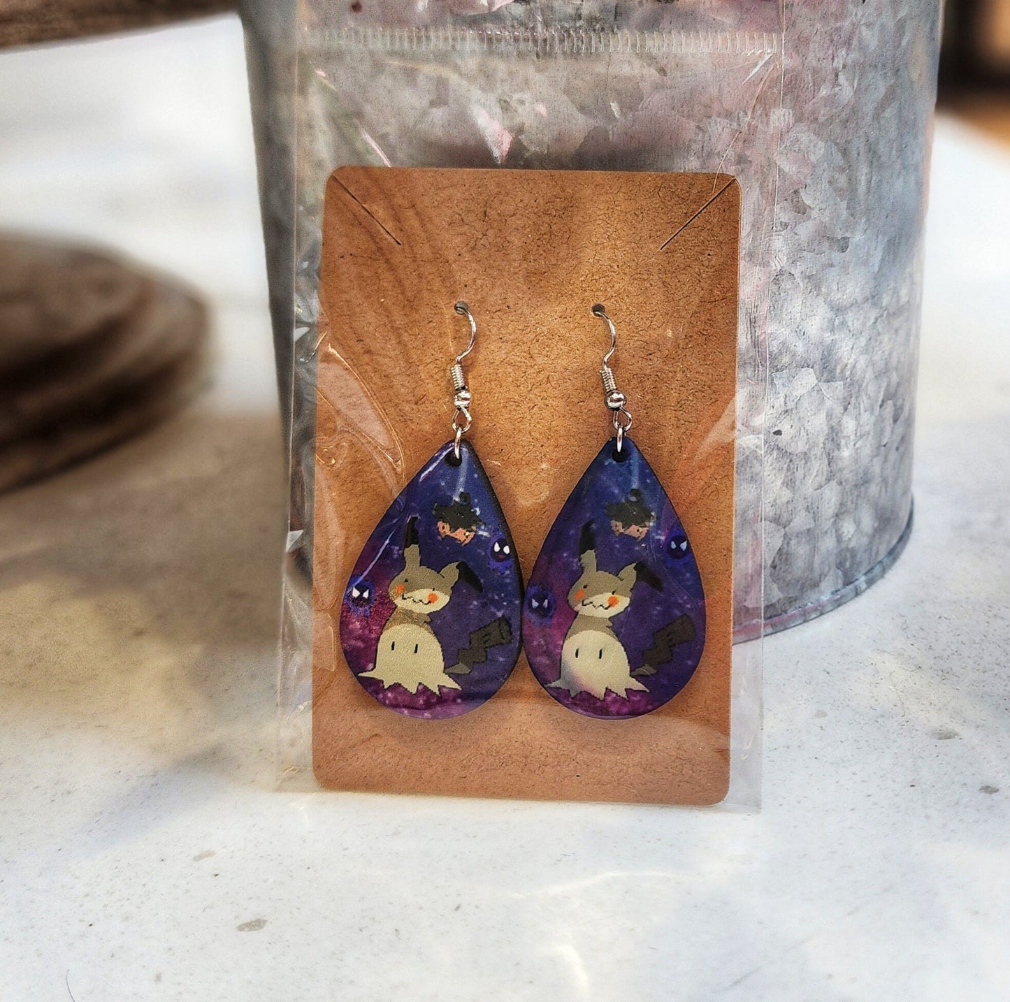 Mimikyu Ghost Earrings: Teardrop Wooden Gaming Jewelry