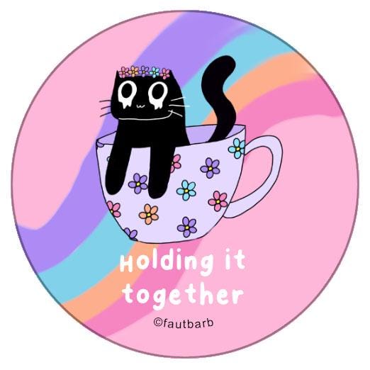 Holding It Together Black Cat Button: Flower Crown Cat Meme (1.25")