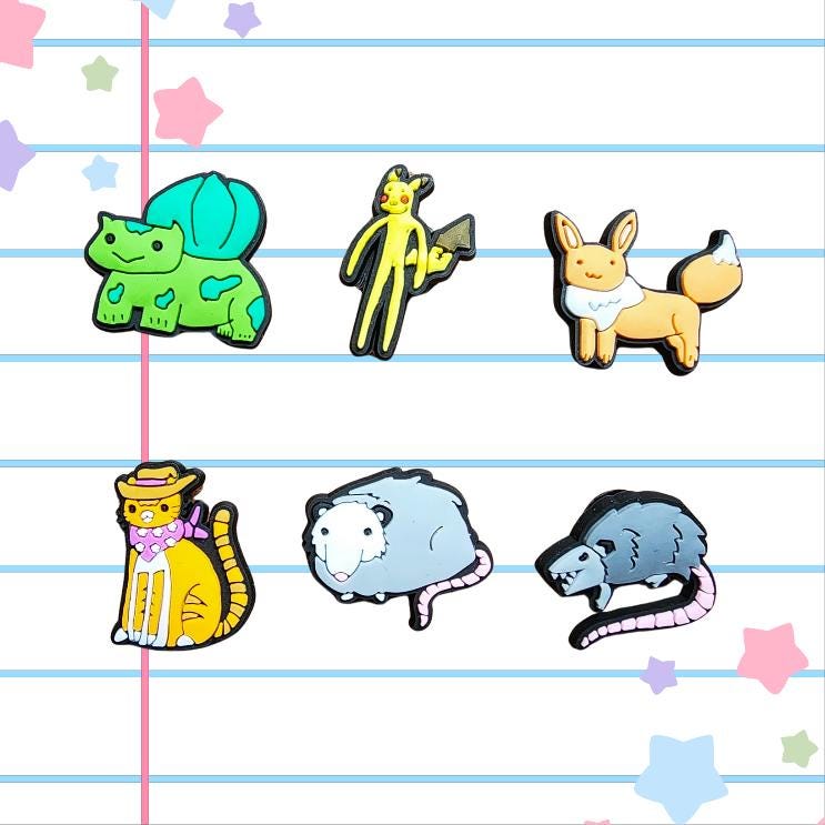Funny Doodle Shoe Charms: Cat, Possum, Video Game PVC Charms