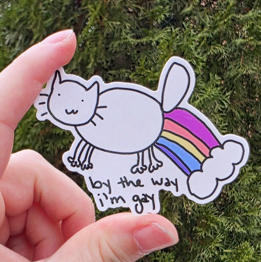 By The Way I'm Gay White Cat Rainbow Pride Vinyl Die-Cut Sticker
