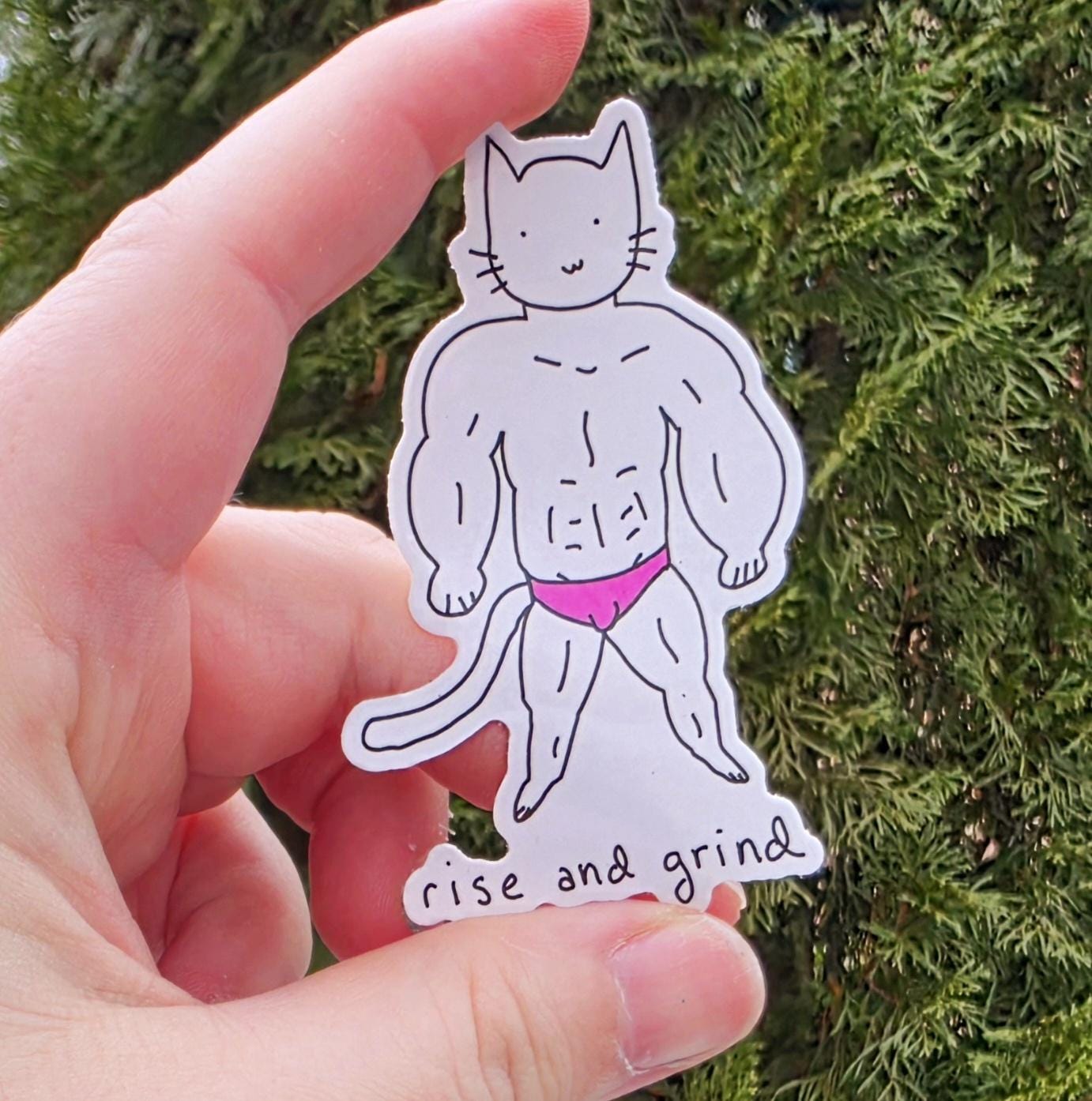 Rise and Grind Muscular Cat Meme Vinyl Die-Cut Sticker