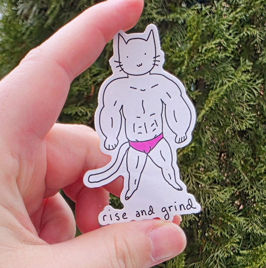 Rise and Grind Muscular Cat Meme Vinyl Die-Cut Sticker