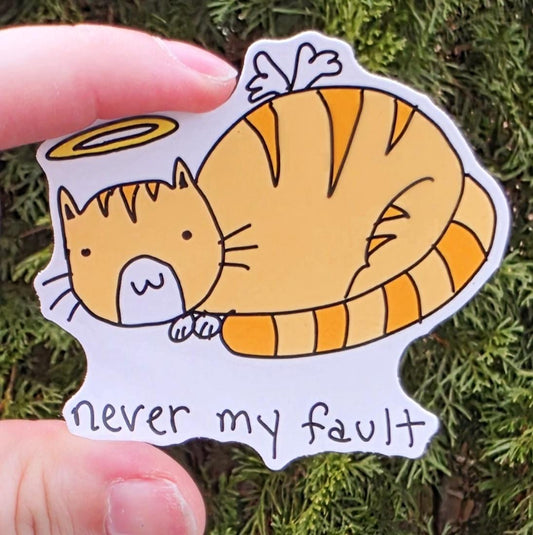 Never My Fault Orange Tabby Angel Meme Vinyl Die-Cut Sticker