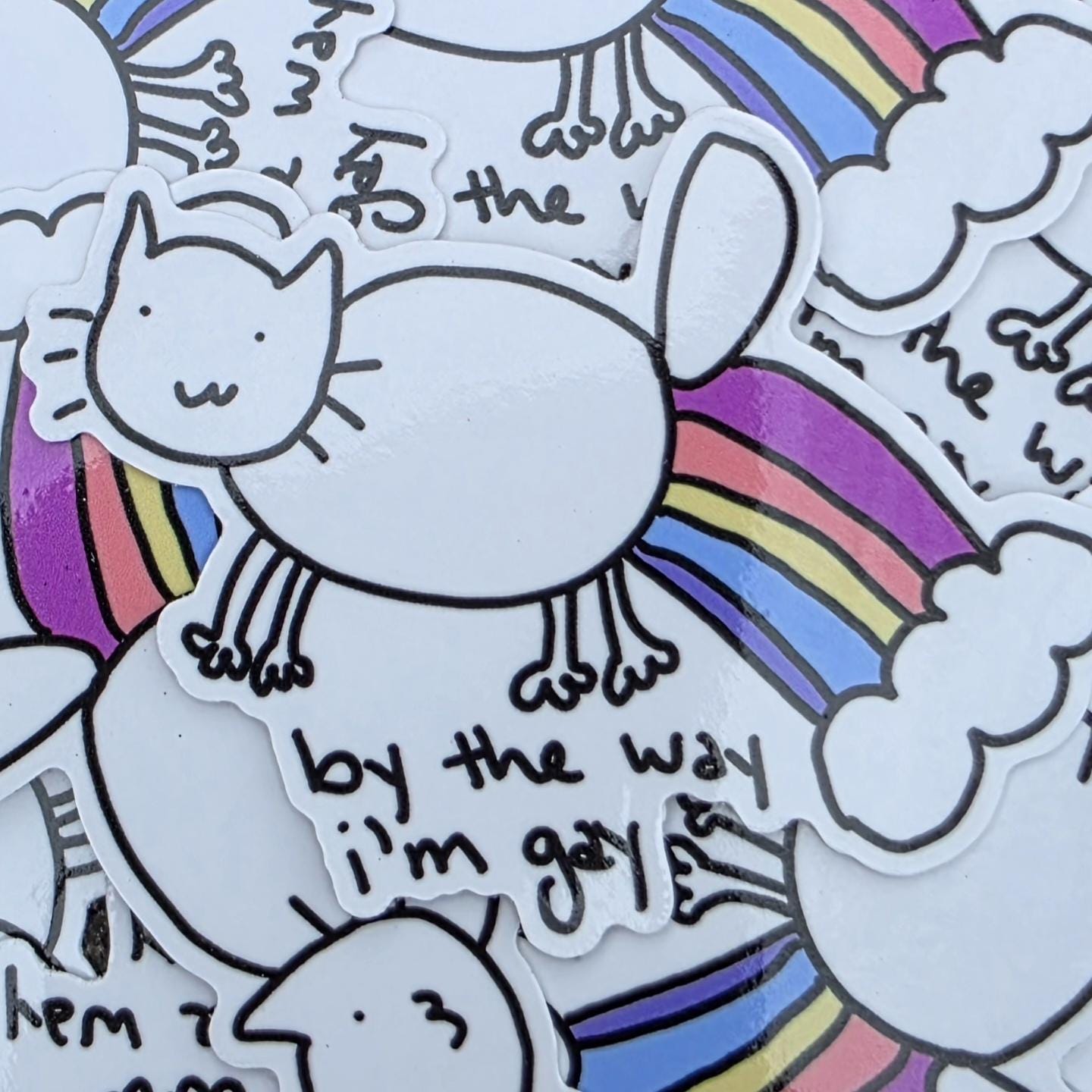 By The Way I'm Gay White Cat Rainbow Pride Vinyl Die-Cut Sticker