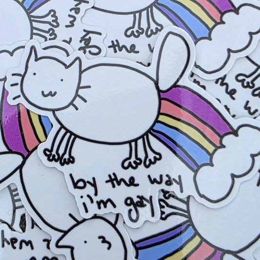By The Way I'm Gay White Cat Rainbow Pride Vinyl Die-Cut Sticker