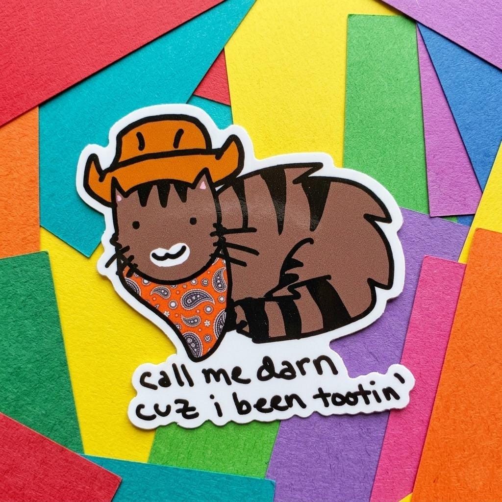 Call Me Darn Cuz I've Been Tootin Cowboy Cat Meme Vinyl Die-Cut Sticker