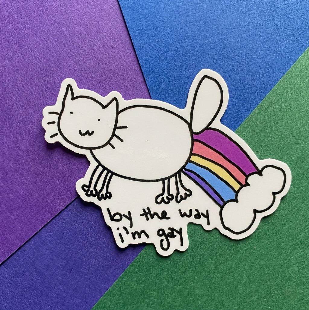 By The Way I'm Gay White Cat Rainbow Pride Vinyl Die-Cut Sticker