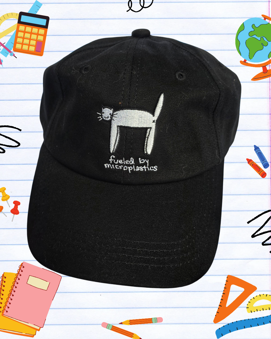 Black and White Microplastics Cat Meme Baseball Dad Hat