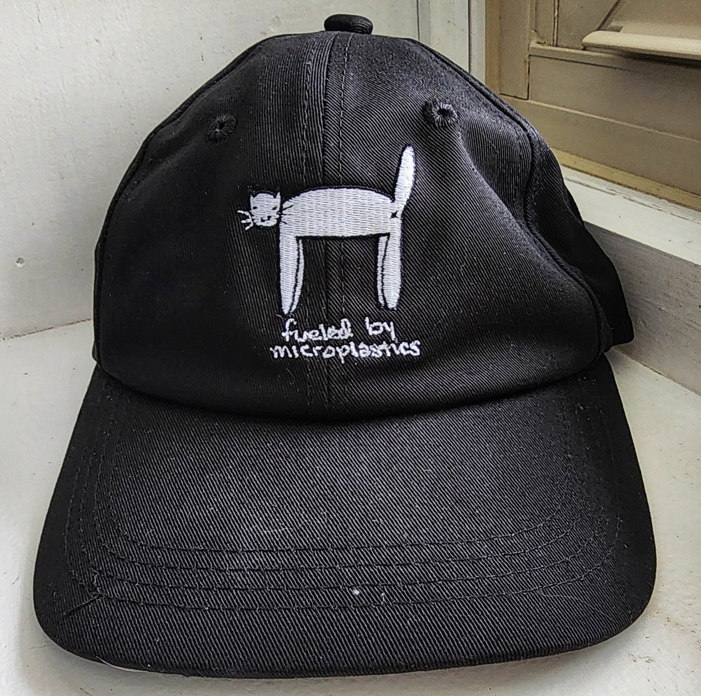 Black and White Microplastics Cat Meme Baseball Dad Hat