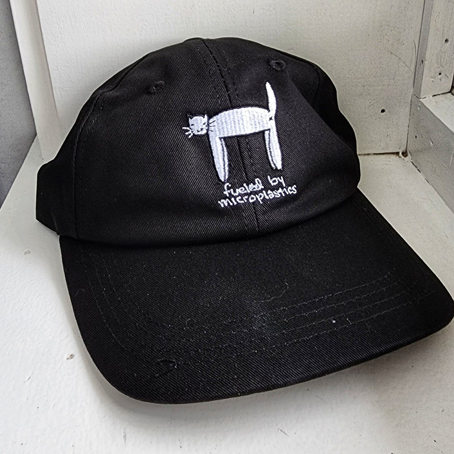 Black and White Microplastics Cat Meme Baseball Dad Hat