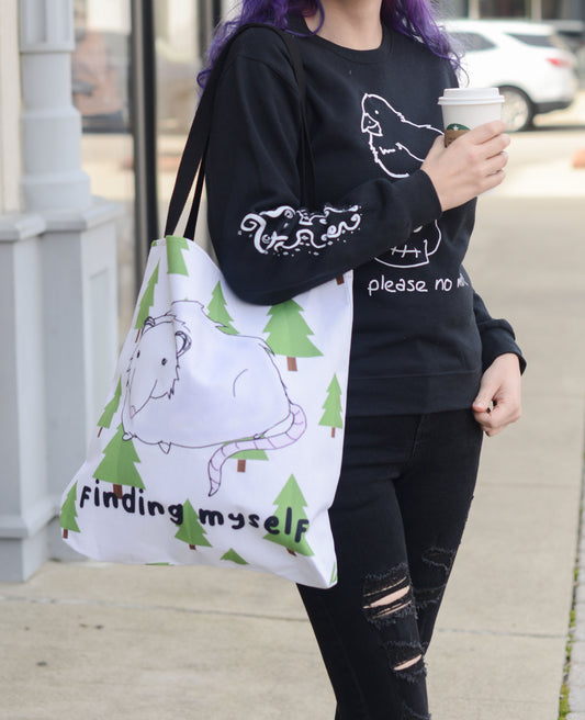 Finding Myself Fabulous Gray Possum Opossum 18x18 Inch Canvas Lined Tote Bag