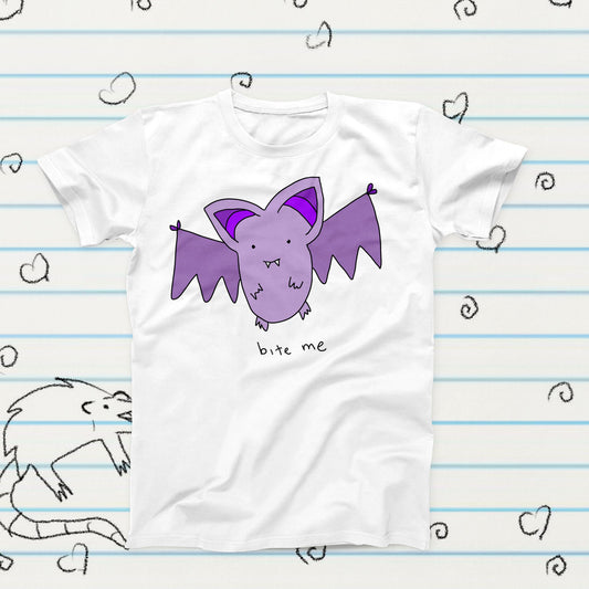 Bite Me Cute Purple Vampire Bat Meme Novelty T-Shirt