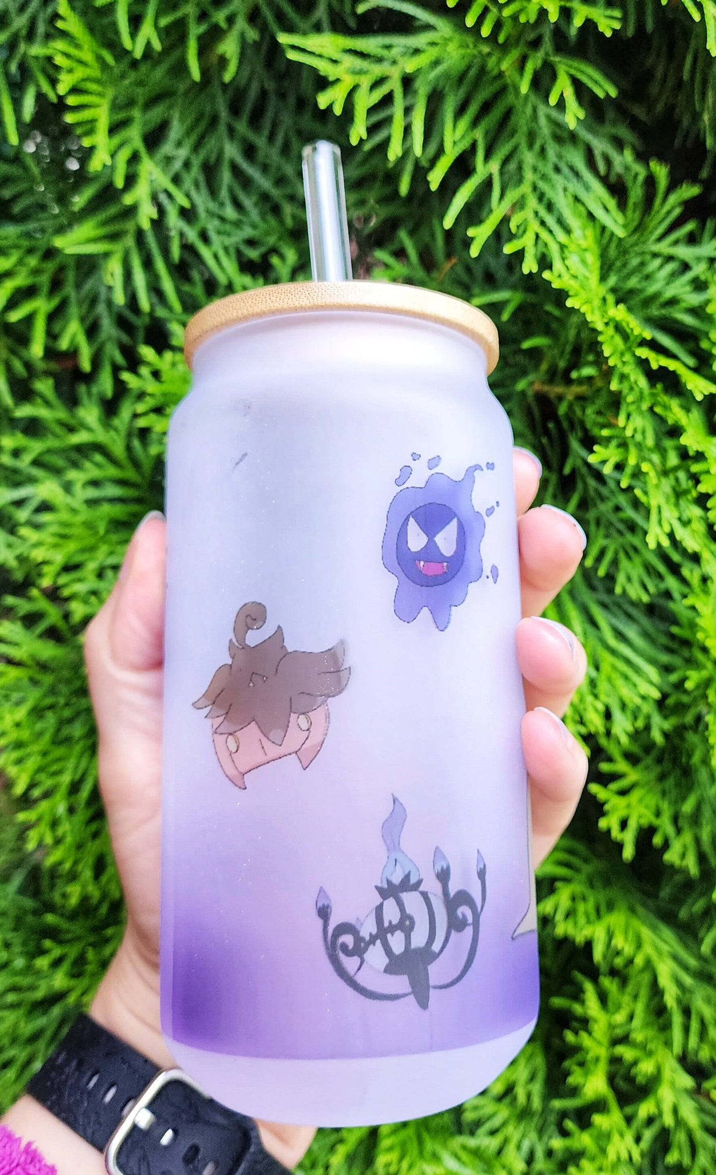 Ghost Purple Mimikyu Demon Devil Copy Friend Cup Iced Coffee Glass Glass Can with Bamboo Lid and Straw Cute Cup 18oz Cup Drink